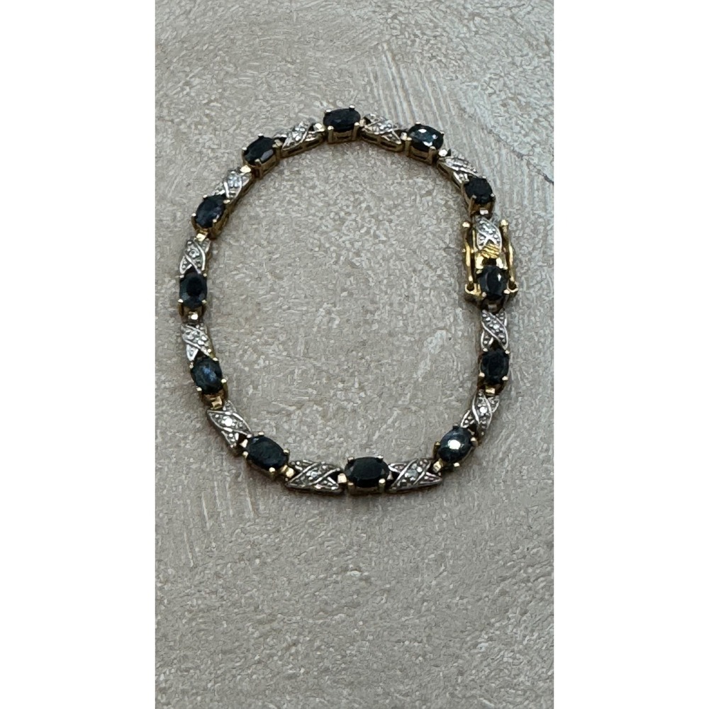 FAS 925 Sterling Silver Blue Sapphire Diamond Accent Tennis Bracelet 7.25 Inch